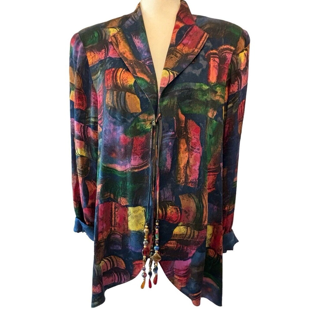Women's Platinum by Dorothy Schoelen Abstract Colorful Beaded Close Blazer Sz L